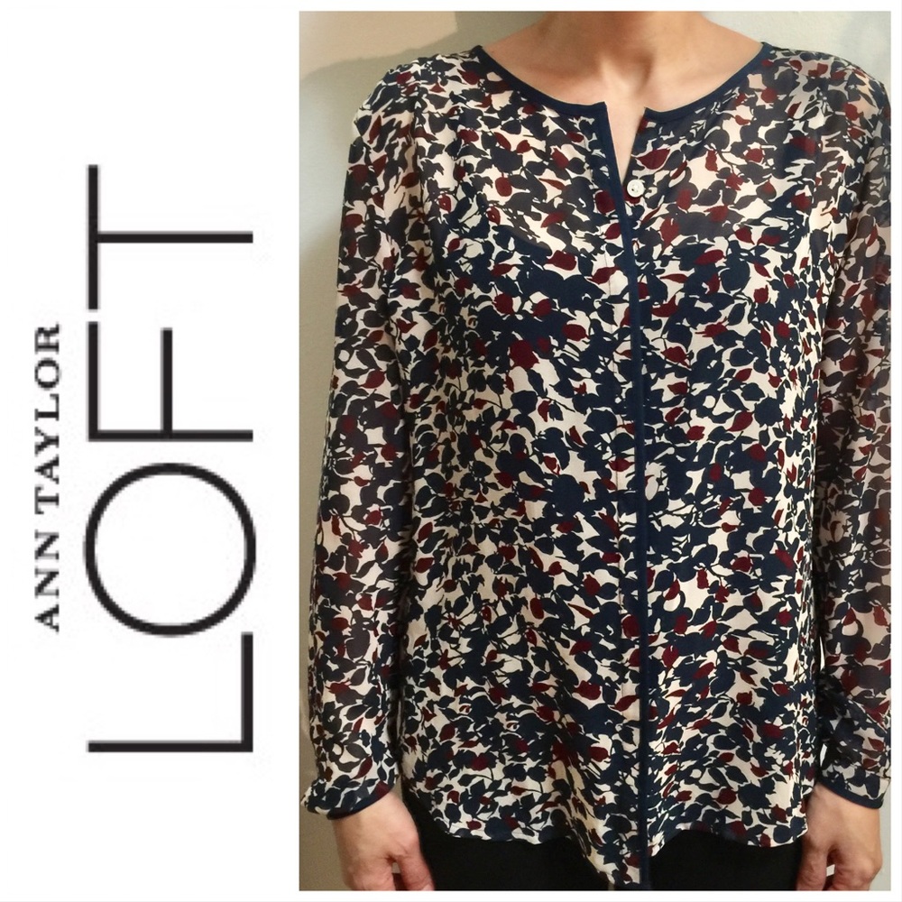 LOFT Burgundy/Blue Floral Blouse — like new